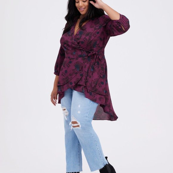 Torrid | NWT | Georgette Wrap Tunic Blouse | Floral Sugar Skulls - Picture 3 of 11